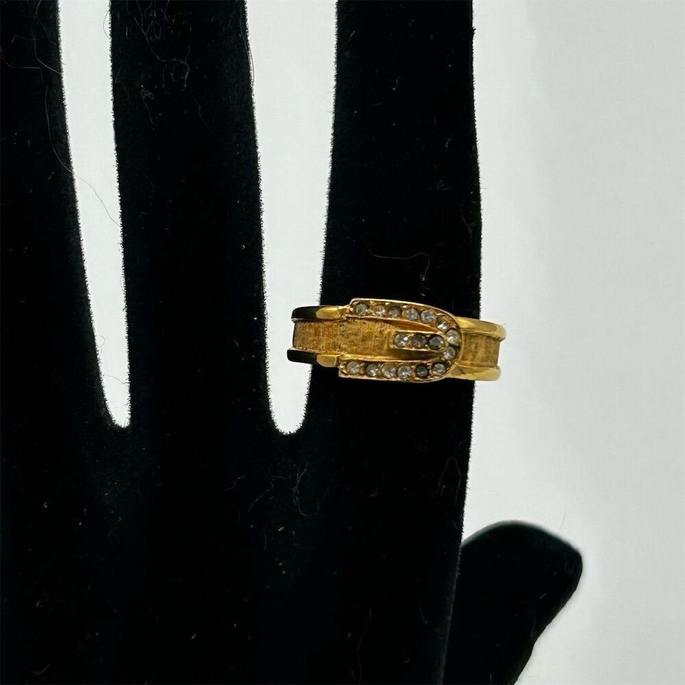 Vintage Avon Gold Rhinestone Buckle Ring Women's Jewelry 1970s Size 6